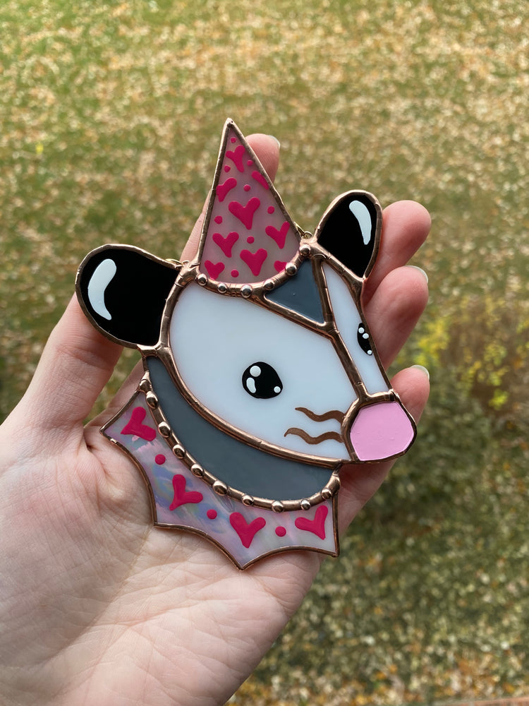 Iridescent Pink Lovely Opossum Mini Stained Glass Suncatcher