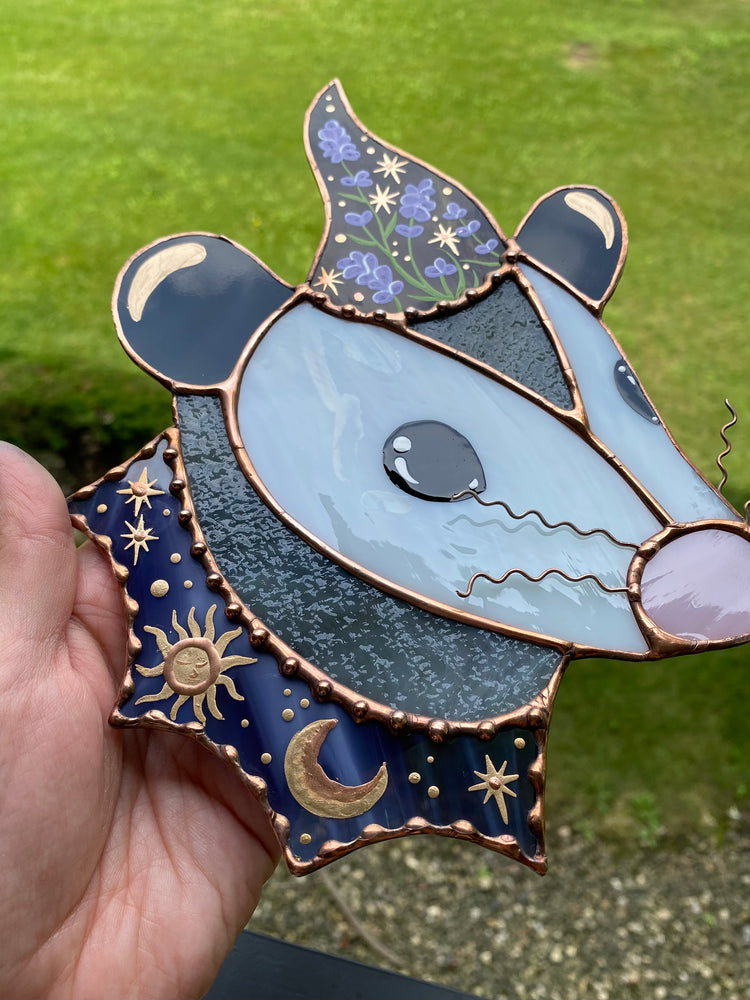 Lavender Wizard Opossum Stained Glass Suncatcher