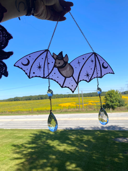 Dusty Purple Wizard Bat Stained Glass Suncatcher