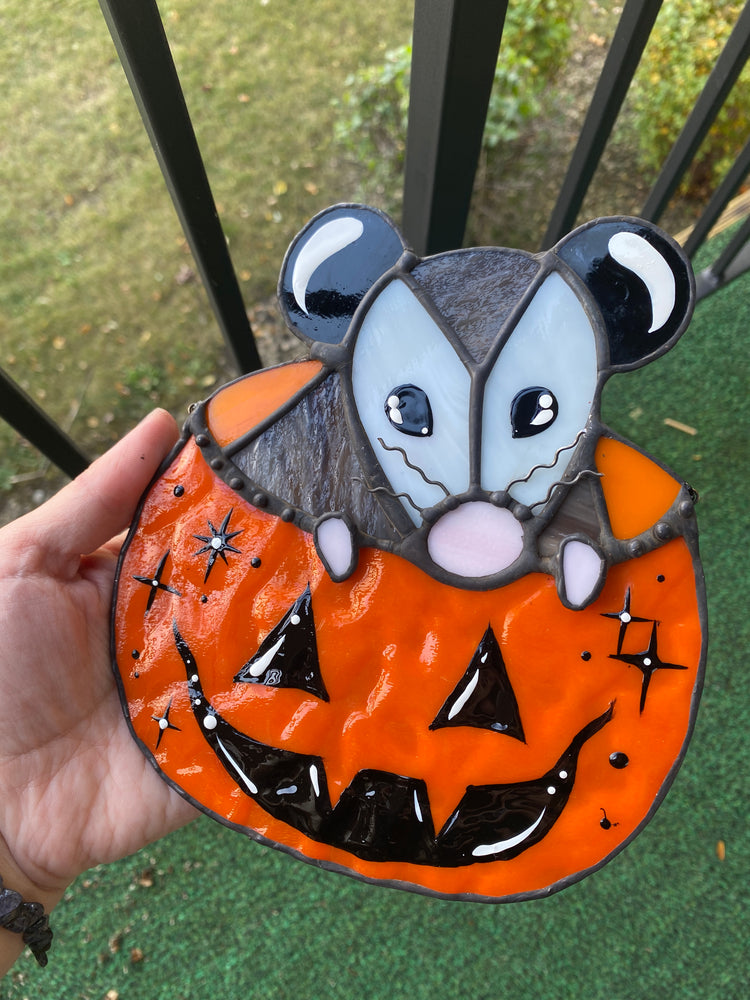 Trick-or-Treat Opossum Stained Glass Suncatcher