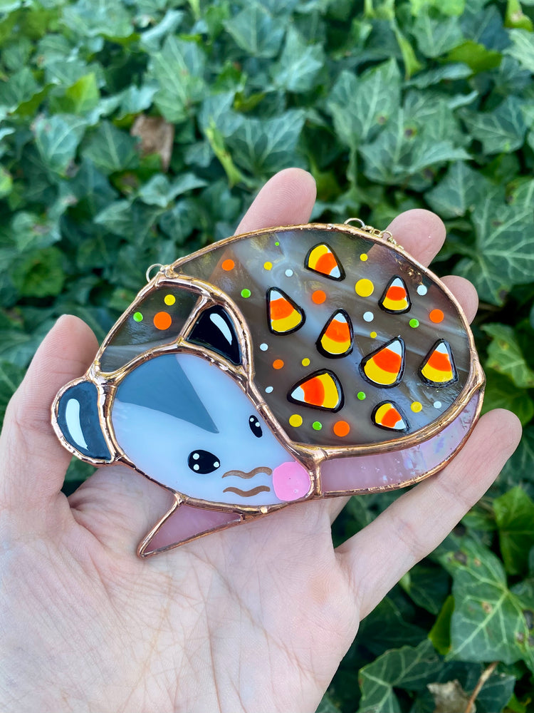 Mini Candy Corn Opossum Stained Glass Suncatcher