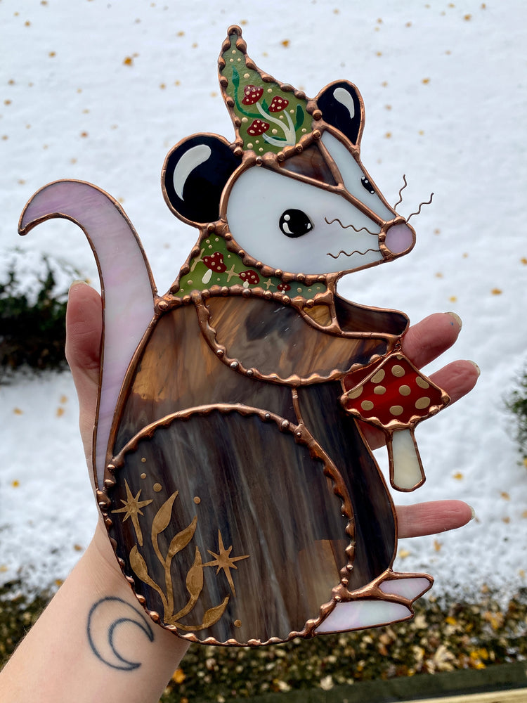 Mushroom Wizard Opossum Stained Glass Suncatcher