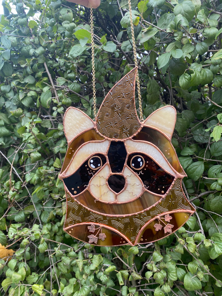 Golden Wizard Raccoon Stained Glass Suncatcher