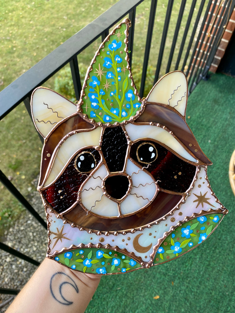 Blue Flower Wizard Raccoon Stained Glass Suncatcher