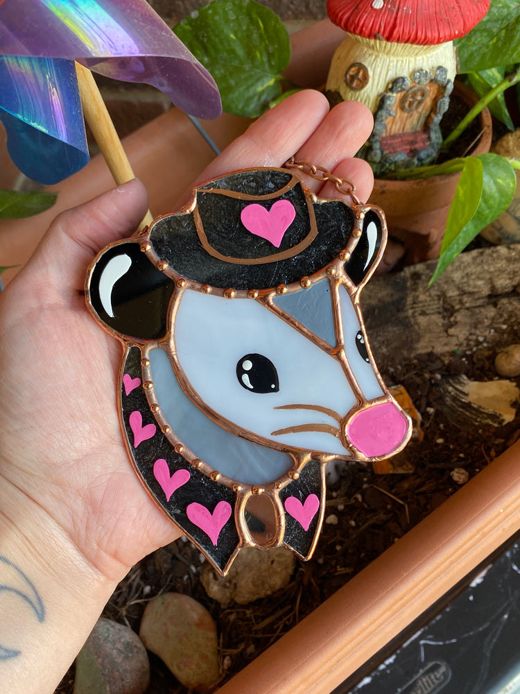 Mini Black and Pink Cowboy Opossum Stained Glass