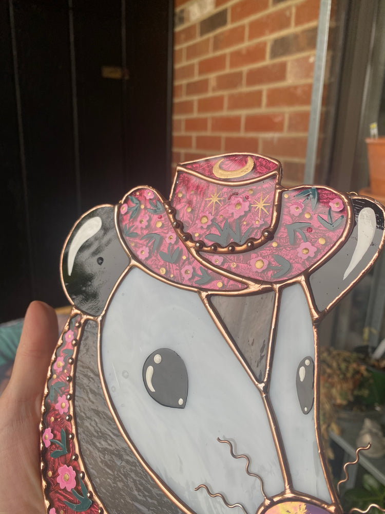 Pink Flower Cowboy Opossum Stained Glass Suncatcher