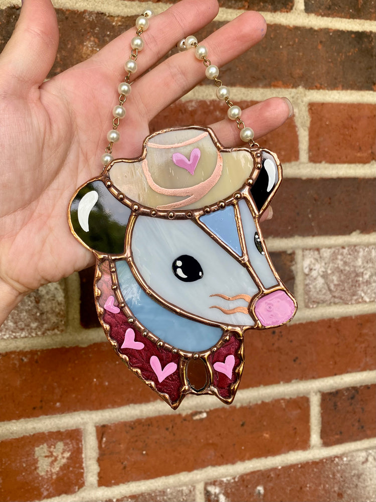 Pink Heart Cowboy Opossum Stained Glass Ornament