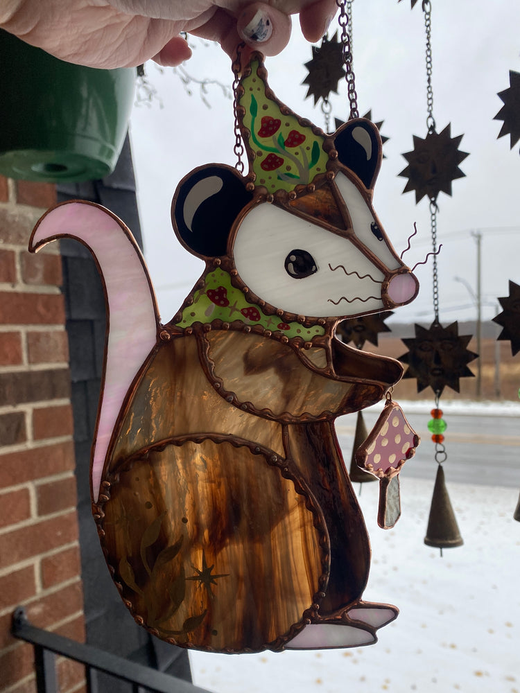 Mushroom Wizard Opossum Stained Glass Suncatcher