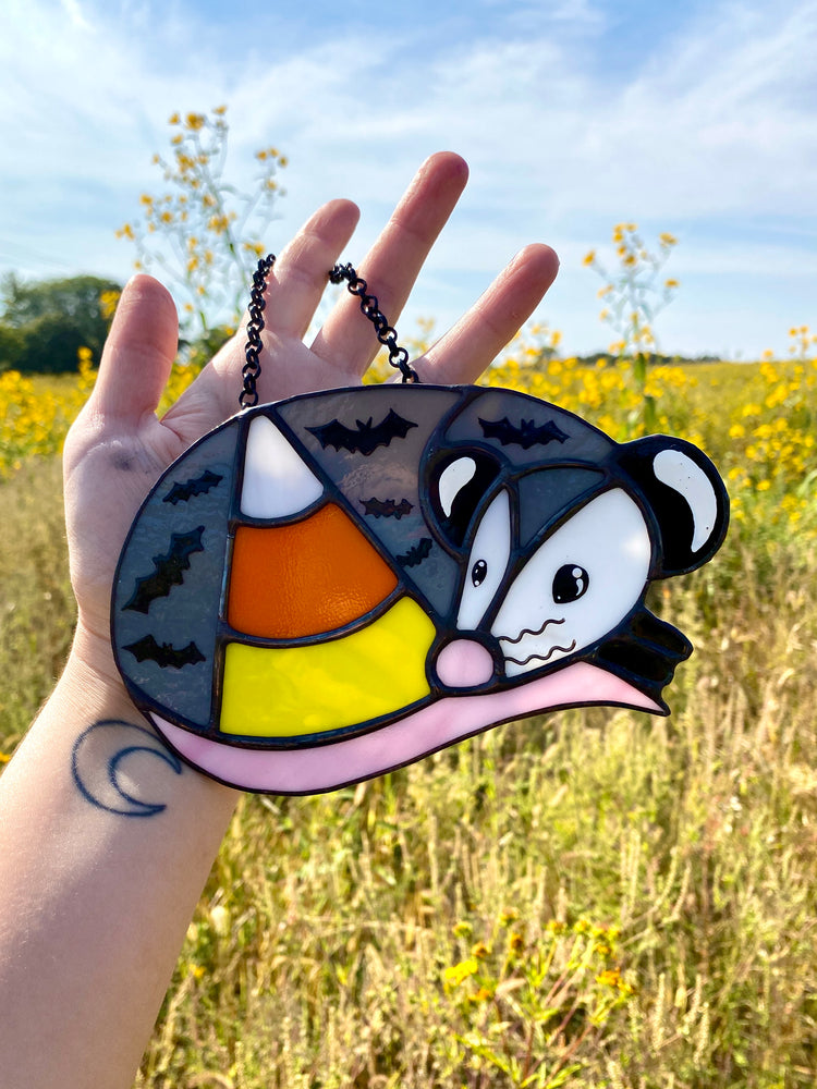 Candy Corn Opossum Stained Glass Suncatcher