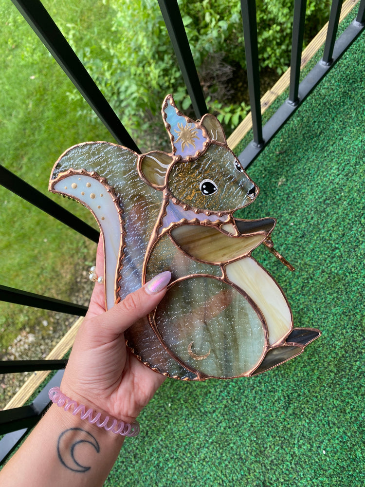 Moon Squirrel Wizard Stained Glass Suncatcher