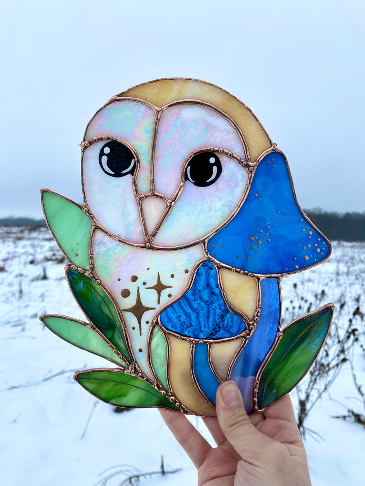 Blue Barn Owl Large Stained Glass Suncatcher