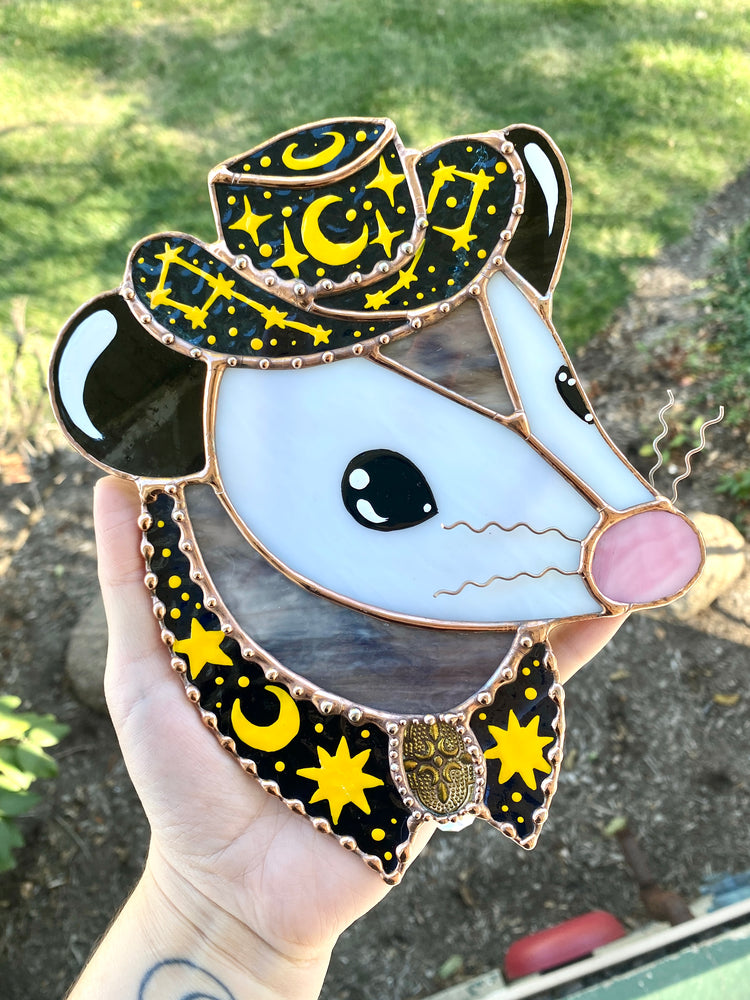 Celestial Cowboy Opossum Stained Glass Suncatcher