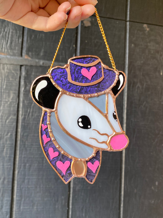 Mini Purple Cowboy Opossum Stained Glass Suncatcher