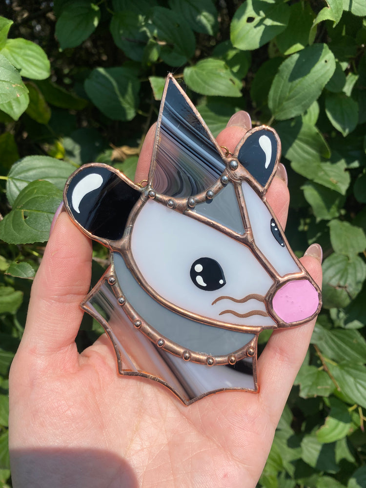 Mini Black and White Wizard Opossum Stained Glass Ornament