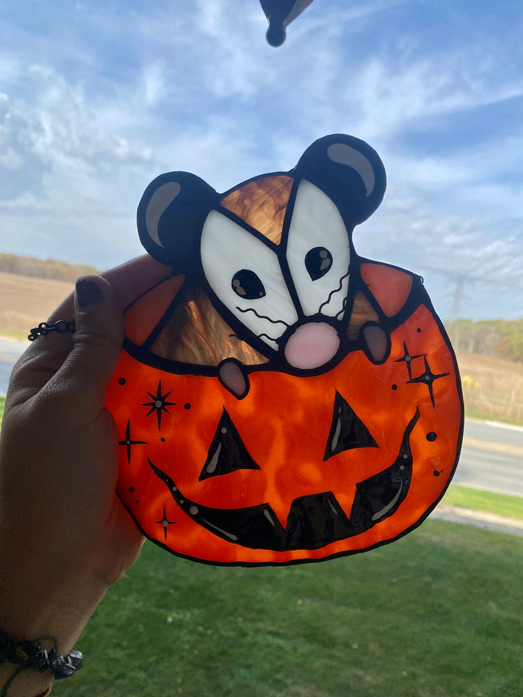 Trick-or-Treat Opossum Stained Glass Suncatcher