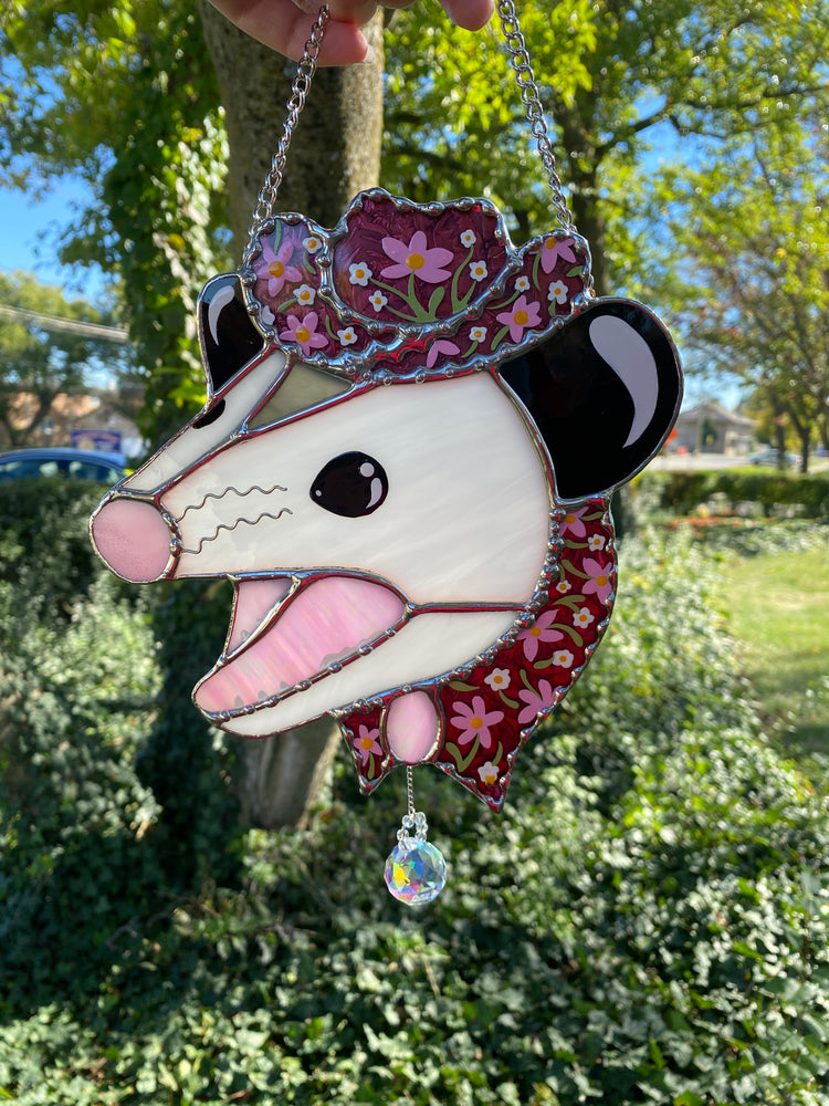 Screamy Flower Opossum Stained Glass Suncatcher