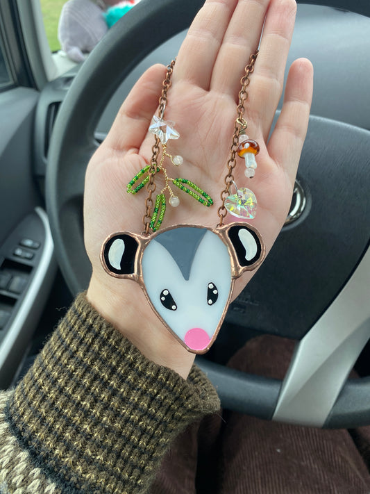 Forest Frenzy Opossum Stained Glass Car Charm