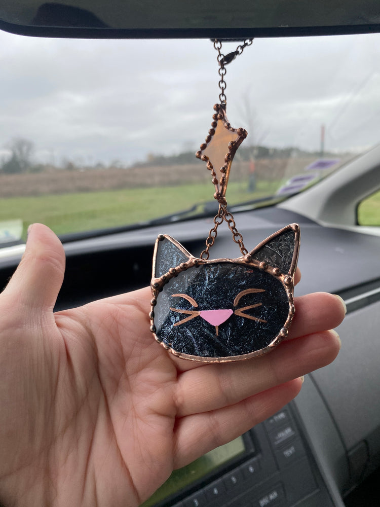 Black Cat and Starburst Stained Glass Car Charm