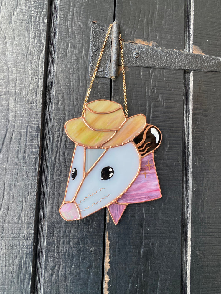 Pink Cowboy Opossum Stained Glass Suncatcher