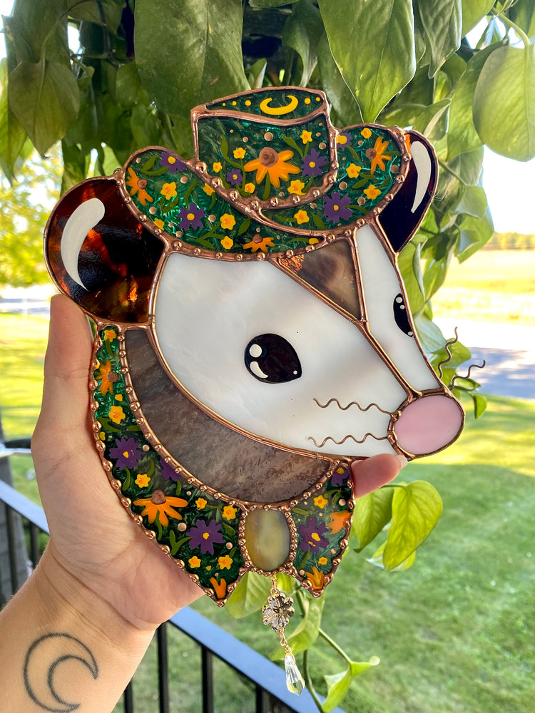 Garden Cowboy Opossum Stained Glass Suncatcher