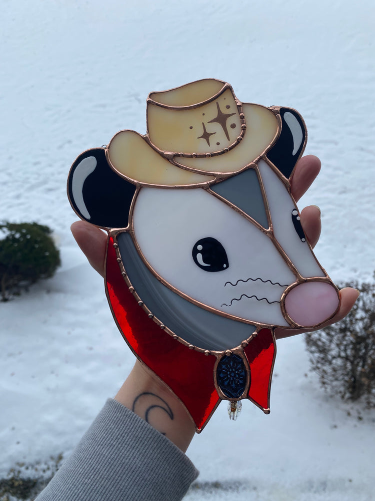 Cowboy Opossum Stained Glass Suncatcher