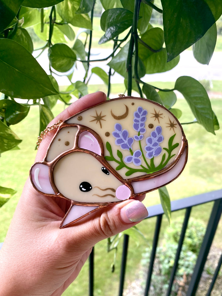 Mini Tan Lavender Rat Stained Glass Ornament