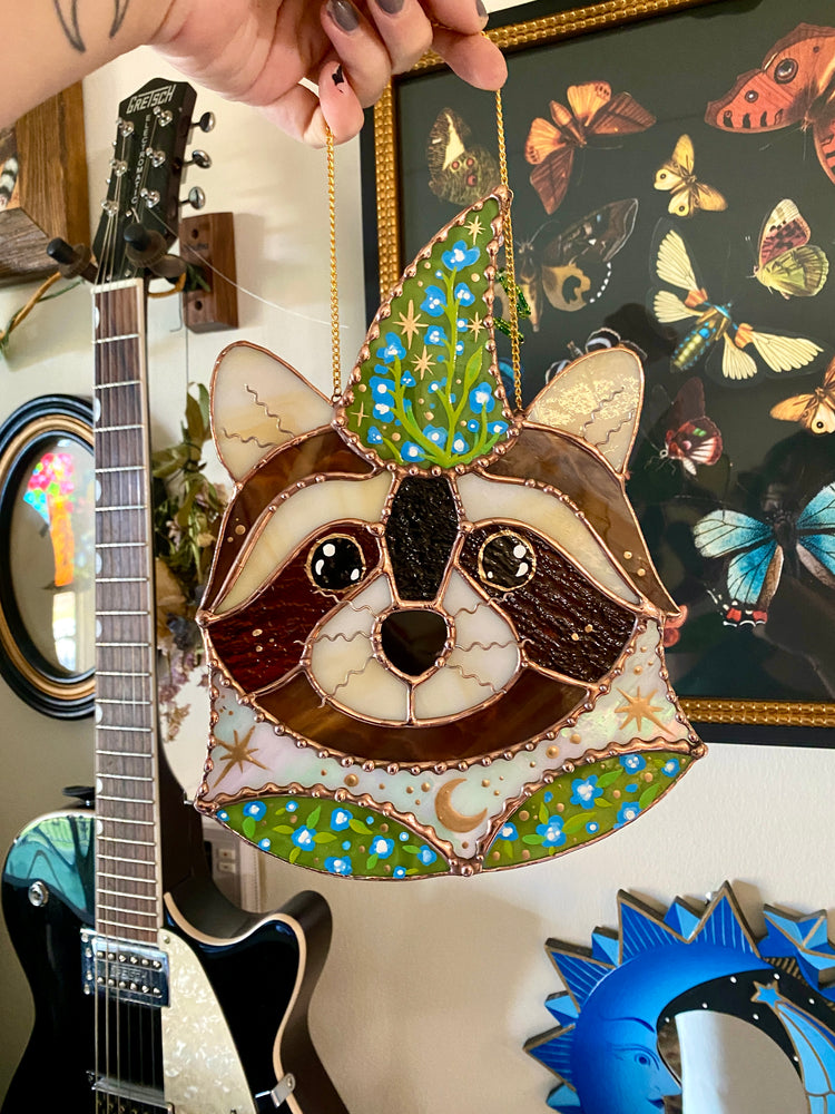 Blue Flower Wizard Raccoon Stained Glass Suncatcher