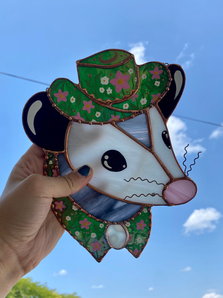 Midsummer Cowboy Opossum Stained Glass Suncatcher