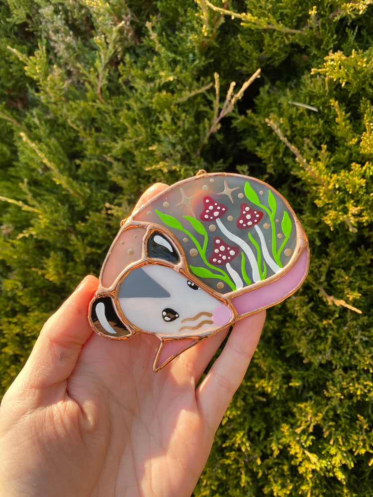 Mini Red Mushroom Sleepy Opossum Stained Glass Suncatcher