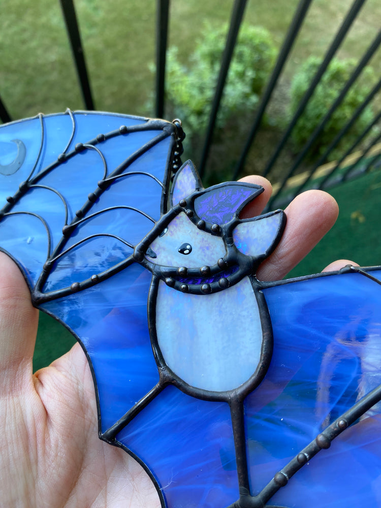 Black and Blue Wizard Bat Stained Glass Suncatcher