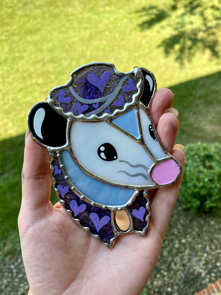 Mini Purple Cowboy Opossum Stained Glass Ornament