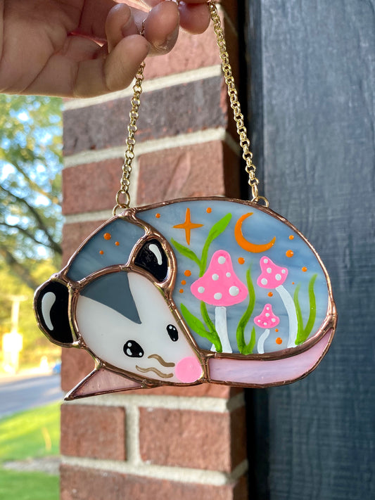 Sleepy Pink Mushroom Opossum Mini Stained Glass Suncatcher