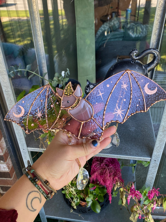 Dusty Purple Wizard Bat Stained Glass Suncatcher