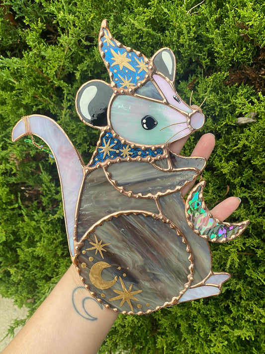 Winter Wizard Opossum Stained Glass Suncatcher