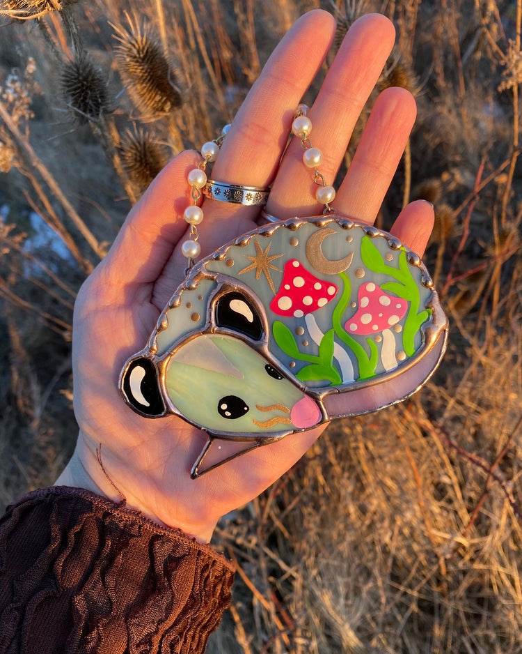 Mini Pink (ver 2) Sleepy Mushroom Opossum Stained Glass Ornament