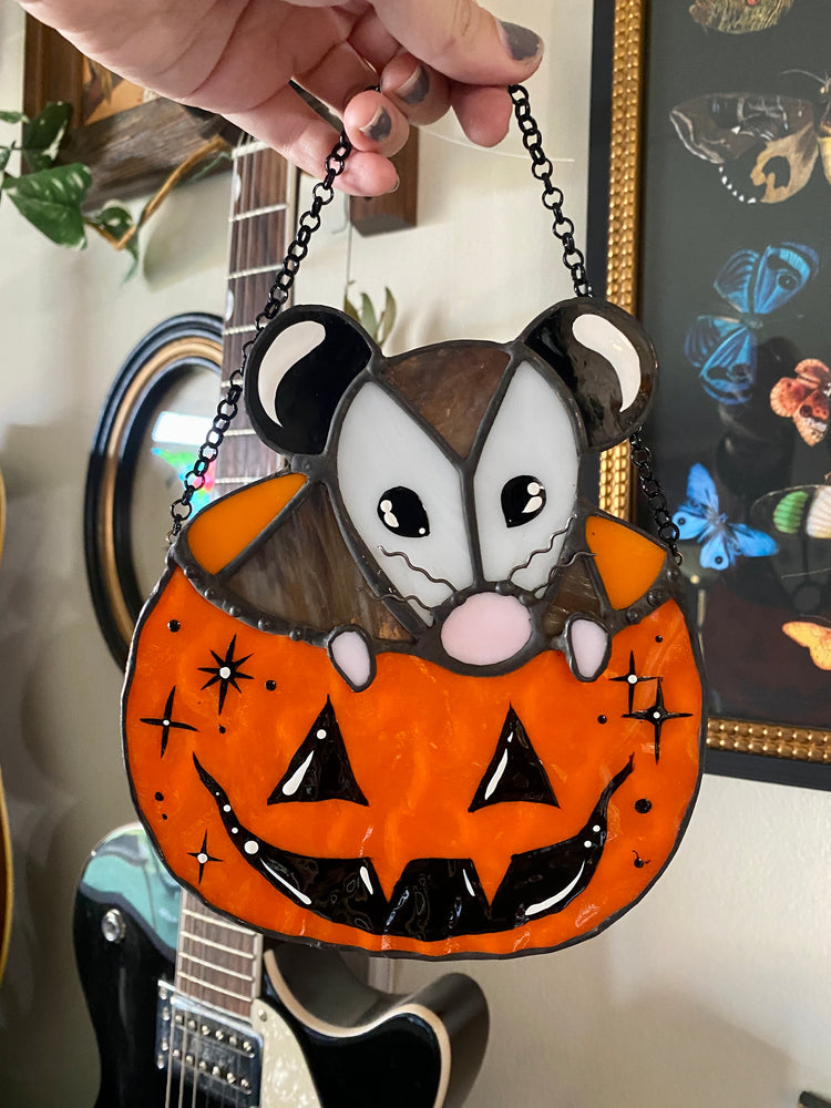 Trick-or-Treat Opossum Stained Glass Suncatcher