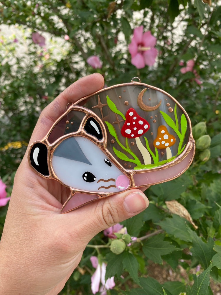 Mini Mushroom Opossum Stained Glass Suncatcher