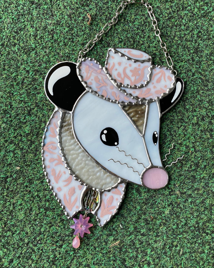 Baby Pink Cowgirl Opossum Stained Glass Suncatcher