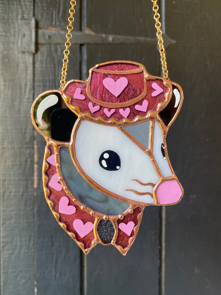 Mini Pink Pony Opossum Stained Glass Ornament