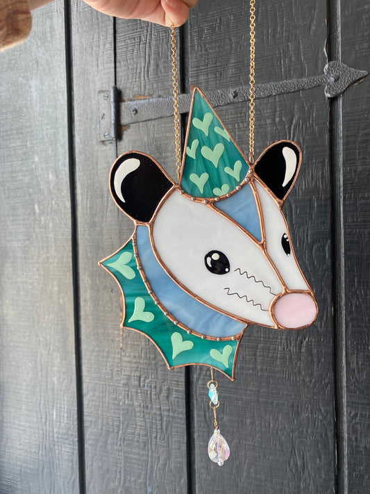 Teal Lovely Opossum Stained Glass Suncatcher