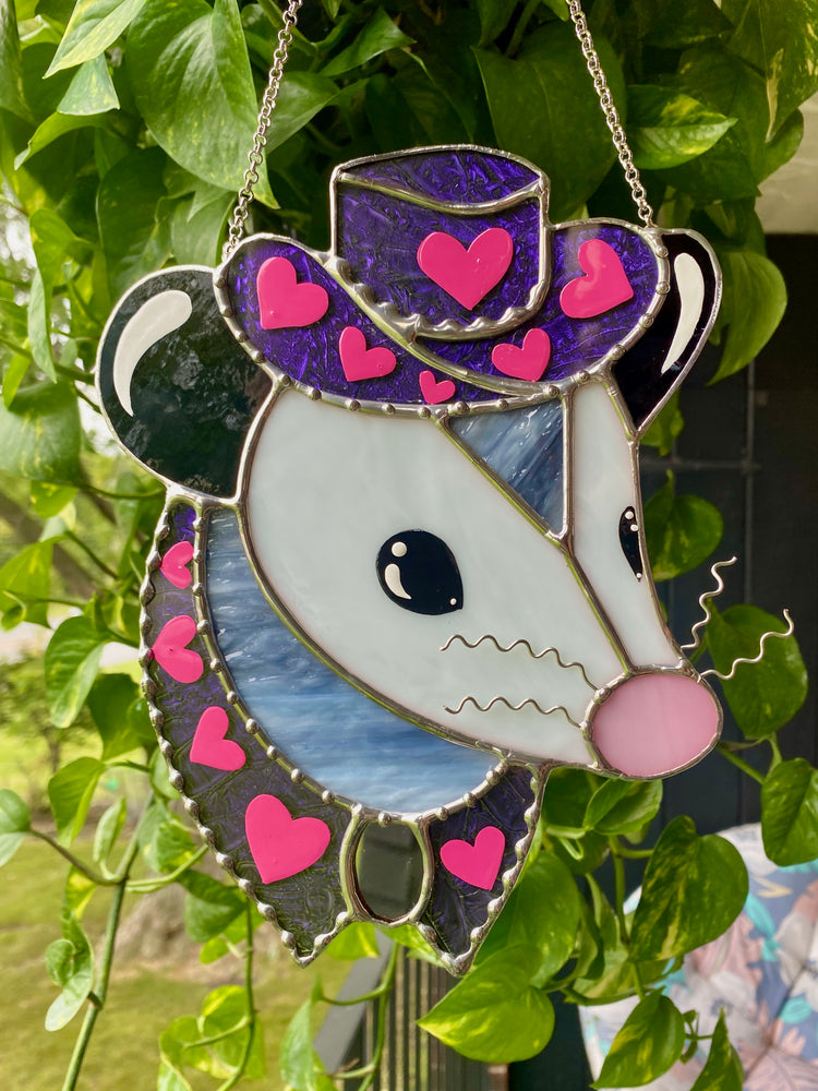 Pink and Purple Cowboy Opossum Stained Glass Suncatcher