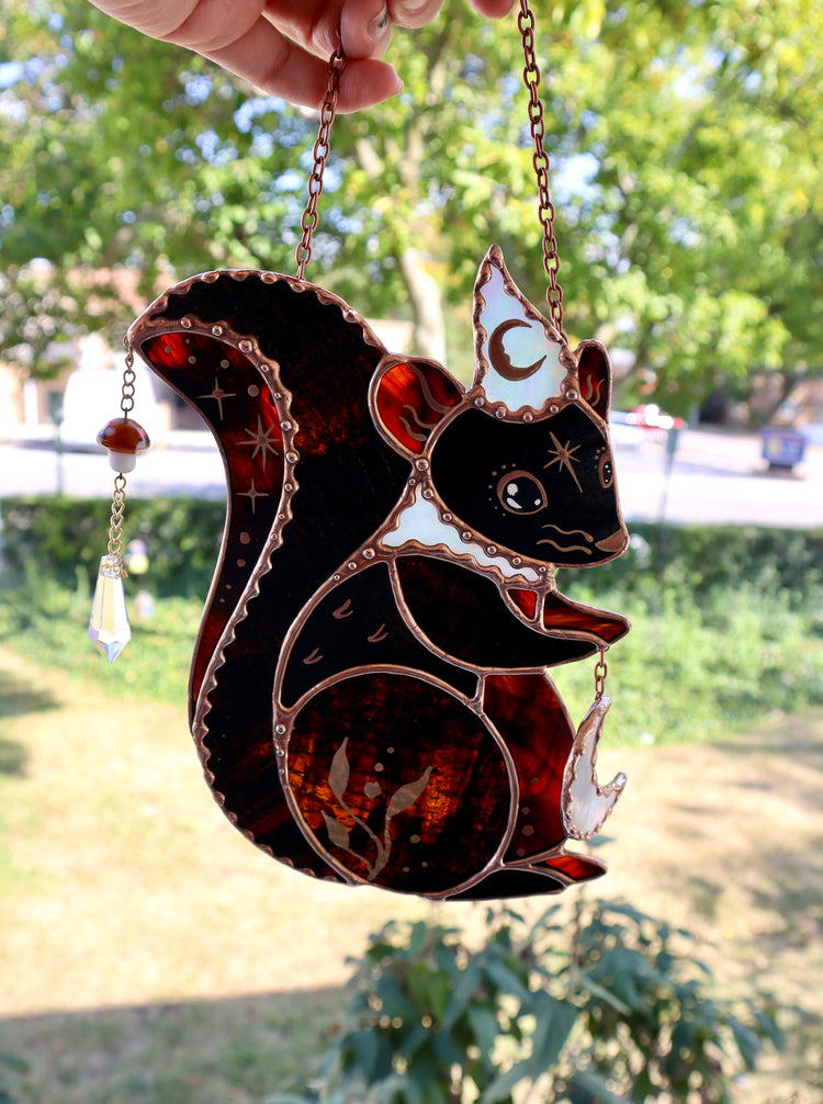 Moon Squirrel Wizard Stained Glass Suncatcher