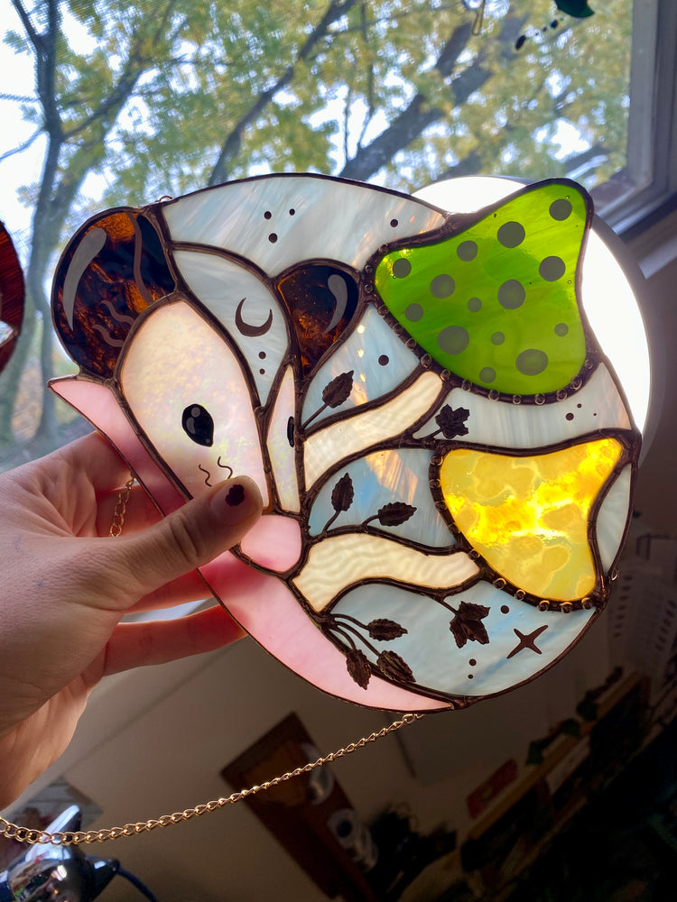 Enchanted Copper Mushroom Opossum Stained Glass Suncatcher