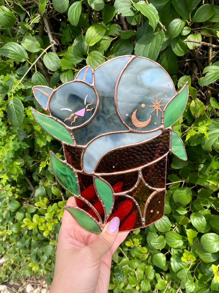 Sleepy Grey Flowerpot Cat Stained Glass Suncatcher