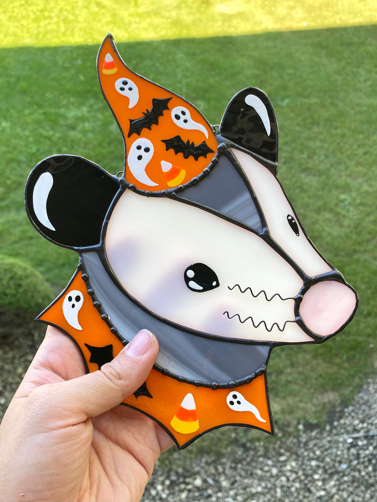 (cracked!) Halloween Opossum Stained Glass Suncatcher