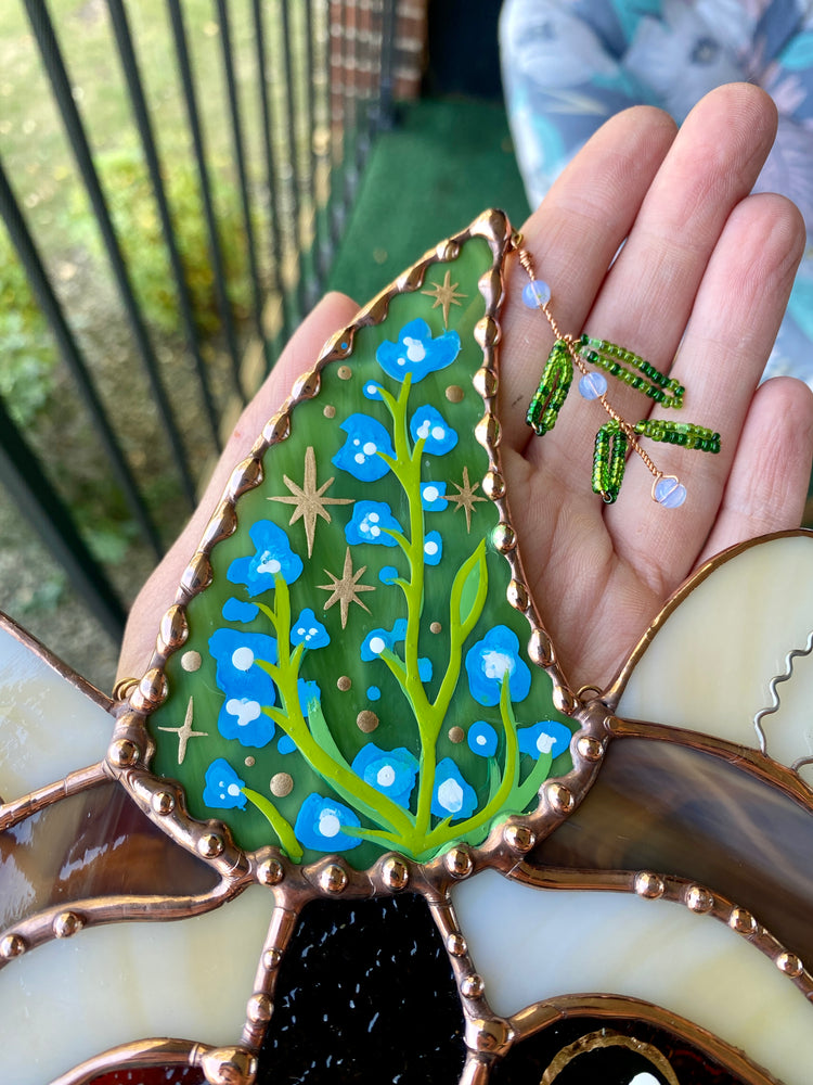 Blue Flower Wizard Raccoon Stained Glass Suncatcher