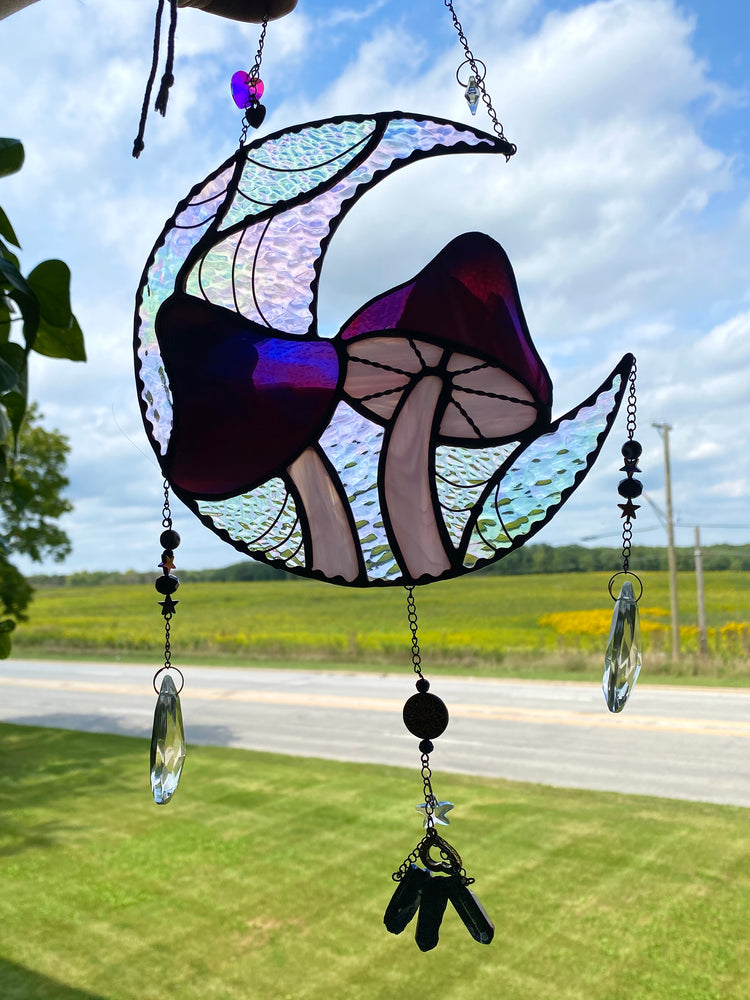 Spiderweb Mushroom Moon Stained Glass Suncatcher