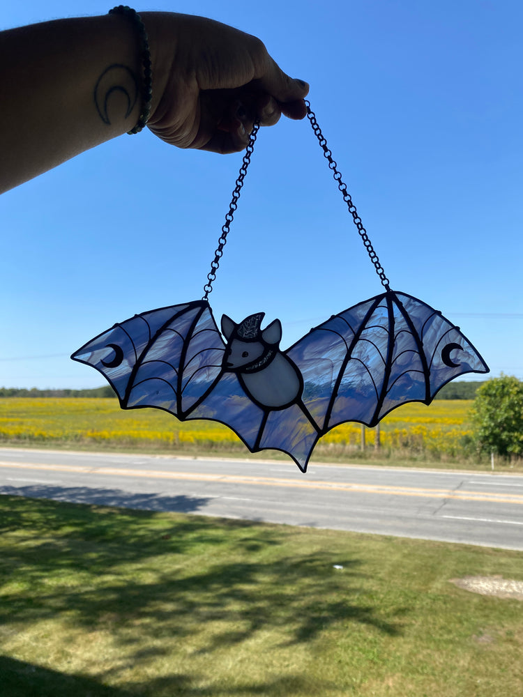 Black and Blue Wizard Bat Stained Glass Suncatcher