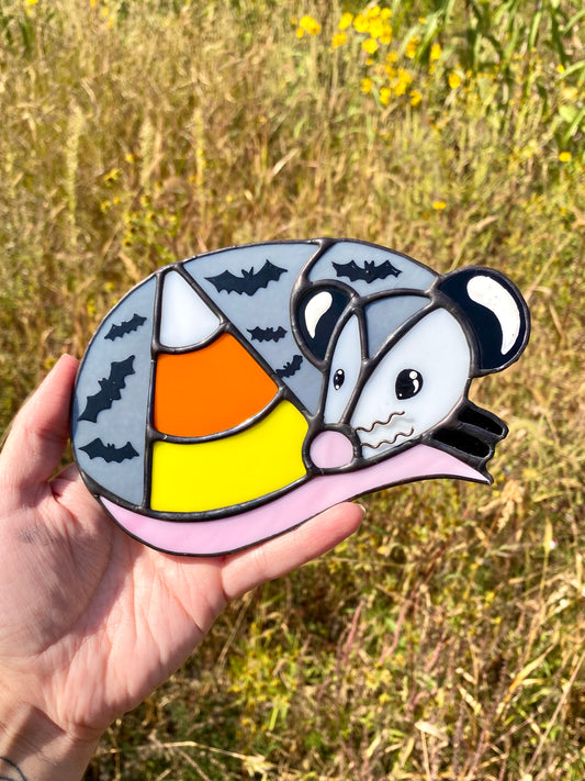 Candy Corn Opossum Stained Glass Suncatcher