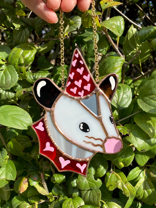 Red and Pink Heart Opossum Stained Glass Ornament